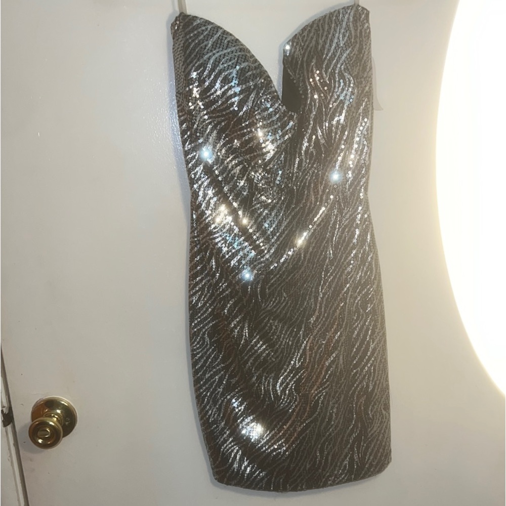 Trac Silver and Black Strapless Dress with Shimmery Fabric